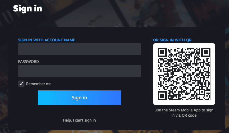 Steam login page